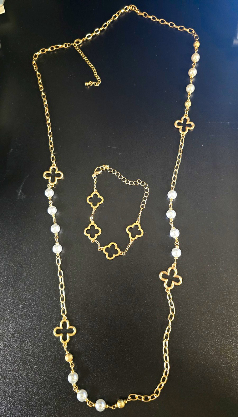Gold Tone Clover Station Necklace & Bracelet Set White Faux Pearl Beads